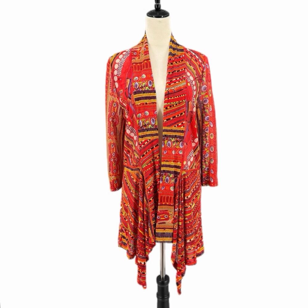 Lior Paris Red Patchwork Print Open Long Lightweight Boho Kimono Bold Cardigan